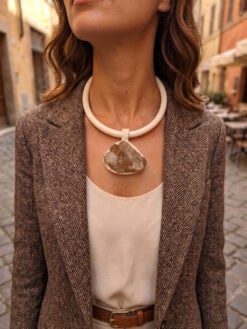 Vegan Ivory Collar Necklace with Orange River Crystal Pendant - Adjustable Size