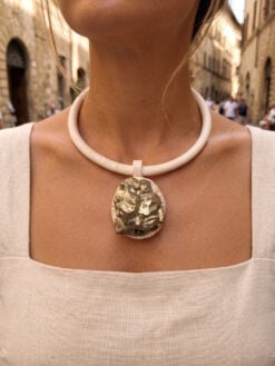 Vegan Ivory Collar Necklace with Pyrite Stone Pendant - Adjustable Size