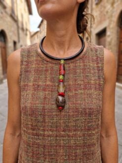 Black Collar Necklace with Red, Green & Brown Pendant - Adjustable Size