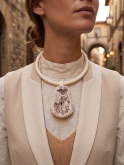 Vegan Ivory Collar Necklace with Quartz Geode Pendant - Adjustable Size