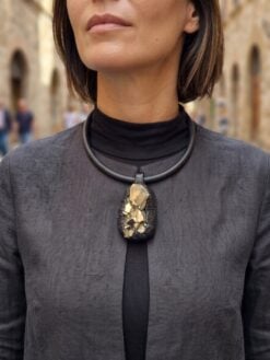 Black with Gold Sheen Collar Necklace with Pyrite Stone Pendant - Adjustable Size