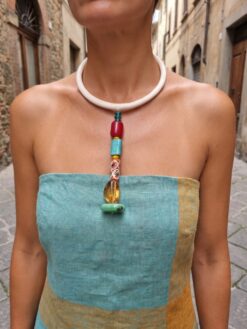Vegan Ivory Collar Necklace with Red, Blue & Yellow Pendant - Adjustable Size