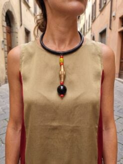 Black Collar Necklace with Black, Red, Orange & Yellow Pendant - Adjustable Size