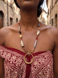 White, Black, Red & Blue Bead Necklace with Nickle-Free Gold Plated Pendant