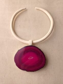 Alternative view of Vegan Ivory Collar Necklace with Pink Sliced Agate Pendant - Adjustable Size