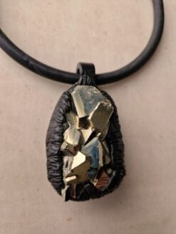 Alternative view of Black with Gold Sheen Collar Necklace with Pyrite Stone Pendant - Adjustable Size