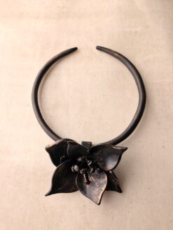 Alternative view of Black with Gold Sheen Collar Necklace with Flower Pendant - Adjustable Size