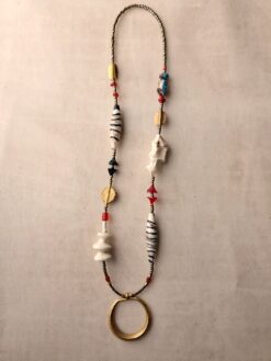 Alternative view of White, Black, Red & Blue Bead Necklace with Nickle-Free Gold Plated Pendant
