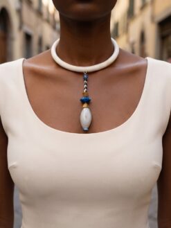 Vegan Ivory Collar Necklace with White, Blue & Black Pendant - Adjustable Size