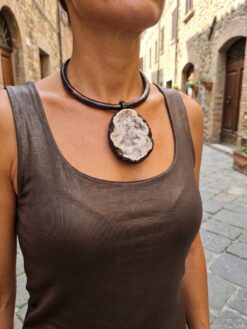 Black with Gold Sheen Collar Necklace with Quartz Geode Pendant - Adjustable Size