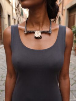 Black with Gold Sheen Collar Necklace with Vegan Ivory Flower Pendant (Select Size)