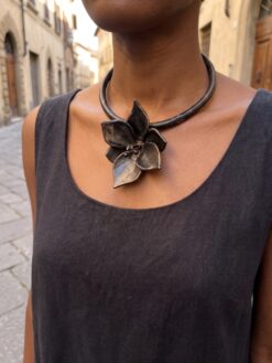 Black with Gold Sheen Collar Necklace with Flower Pendant- Adjustable Size
