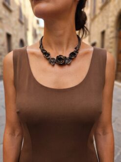 Black with Gold Sheen Flower Collar Necklace (Select Size)