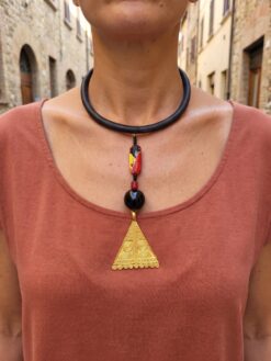 Black Collar Necklace with Nickle-Free Gold Plated & Multicolored Bead Pendant - Adjustable Size
