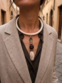 Vegan Ivory Collar Necklace with Black, Green & White Bead Pendant - Adjustable Size