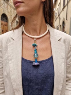 Vegan Ivory Collar Necklace with Blue & Purple Bead Pendant - Adjustable Size