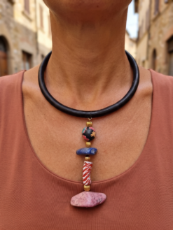 Black Collar Necklace with Blue & Pink Pendant - Adjustable Size