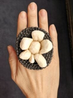 Vegan Ivory & Black Flower Ring - Size 7.5