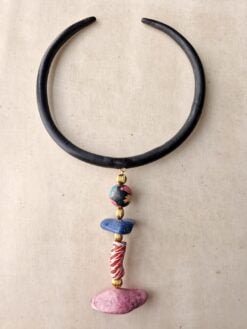 Alternative view of Black Collar Necklace with Blue & Pink Pendant - Adjustable Size