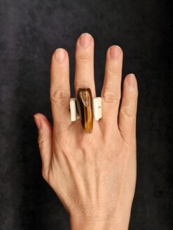 Tiger's Eye Stone & Vegan Ivory Spin Ring - Size 7.5