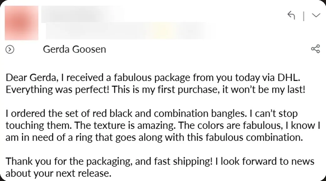 Email: “This is my first purchase, it won't be my last! I can't stop touching them. The texture is amazing. The colors are fabulous.”